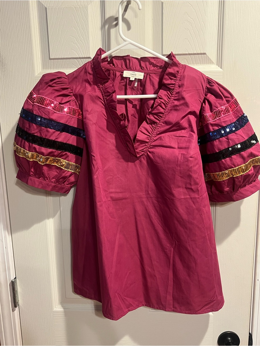 entro Fuchsia Puff Sleeve Sequin-Trim Blouse